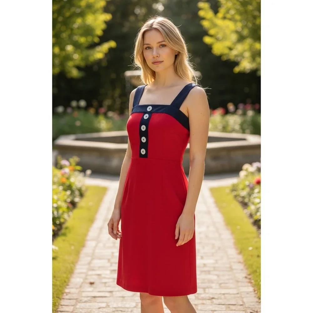 eShakti Red‎ Navy Nautical Button Strap A Line Dress Size 0